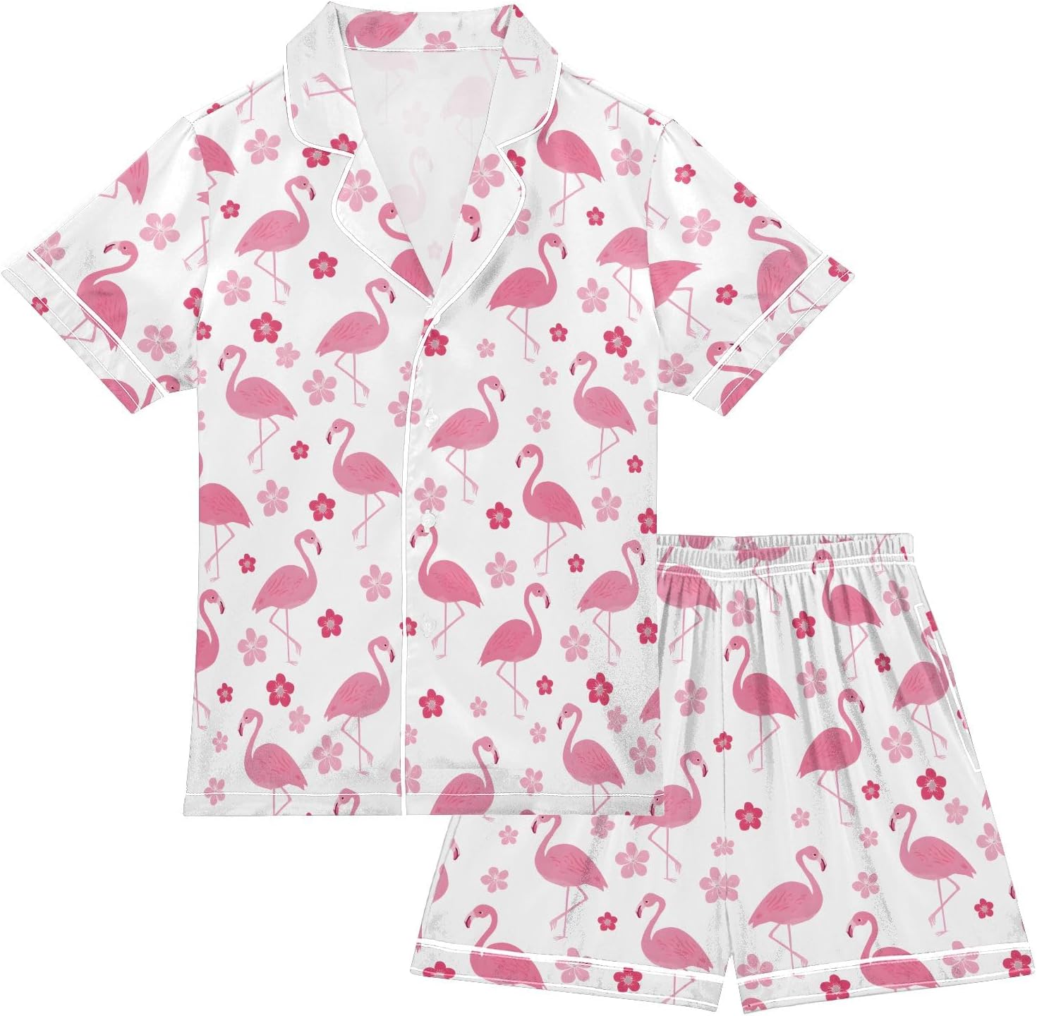 Kids Satin Wear Set Pink Flamingos and Flowers on Pattern Relaxing Clothing Short Sleeve and Shorts