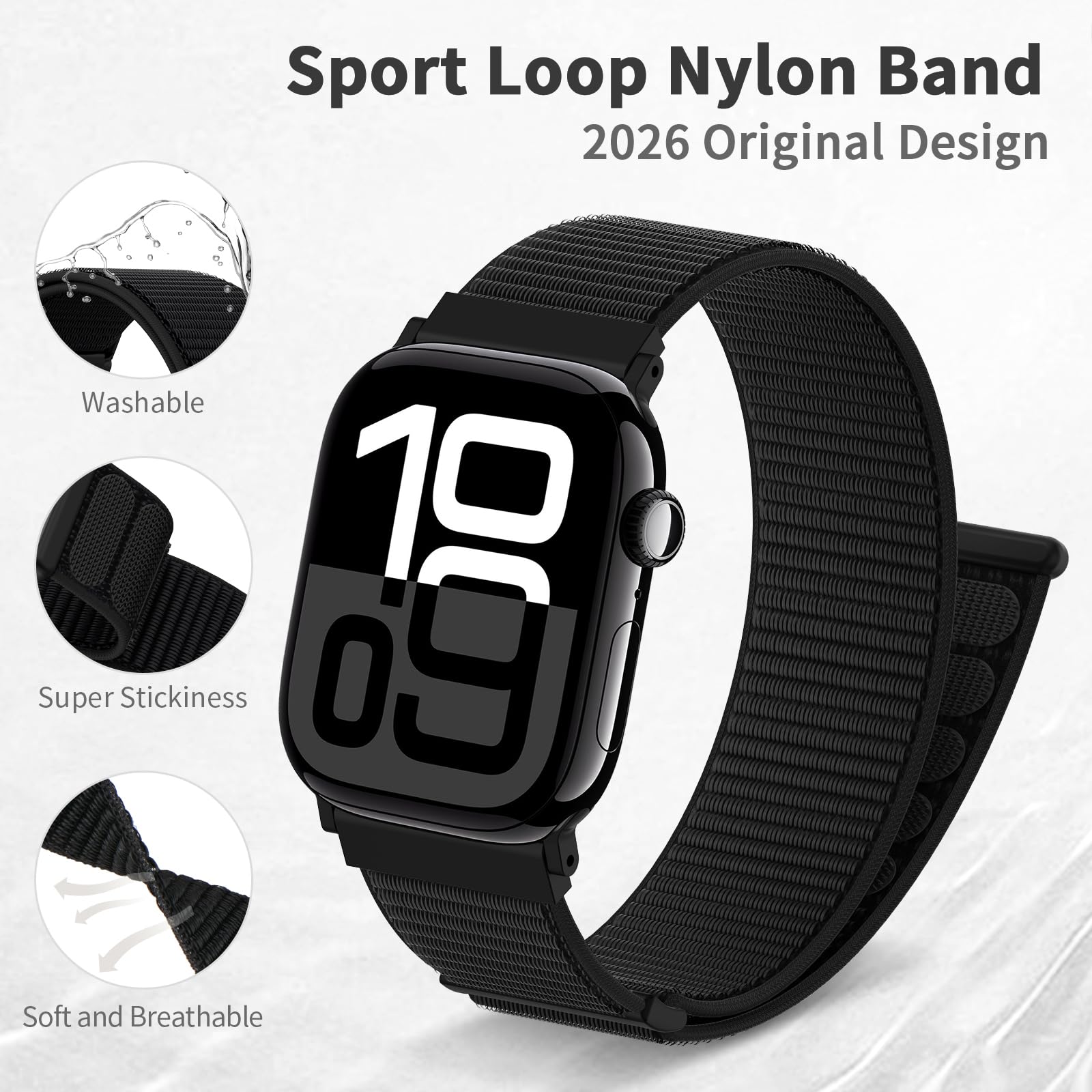 AMSKY Boucle Sport Nylon Compatible avec Bracelet Apple Watch Se 40mm 44mm 46mm 42mm 45mm 41mm 38mm 49mm, pour iWatch Serie 11 10 9 8 7 6 5 4, SE Ultra 3 2 1, Noir, 46mm/44mm/45mm/49mm