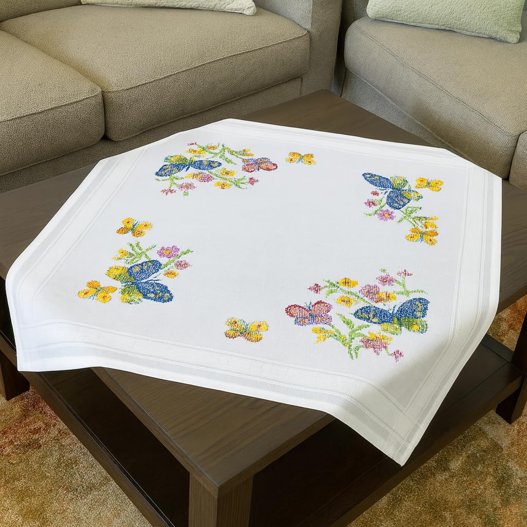 KAMACA, kit per ricamo a punto croce, tovaglia 80x80 cm, set prestampato con filo da ricamo, modello e istruzioni, set per ricamo fai-da-te per adulti (farfalle MD 80x80 cm)