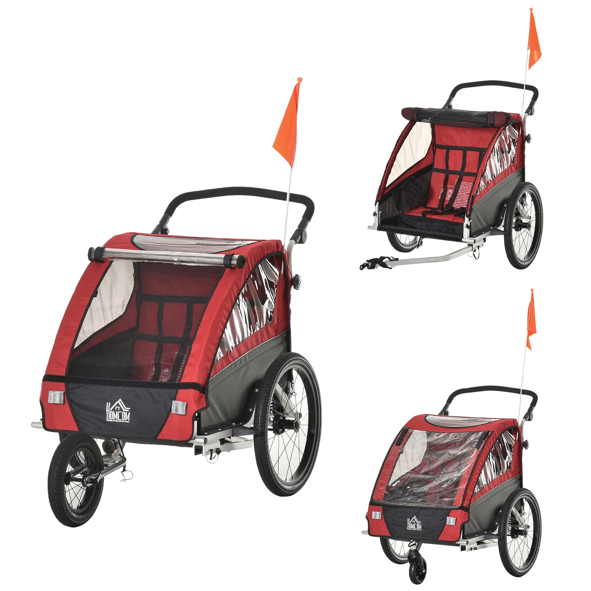 HOMCOM 3 in 1 Kinderanhänger Aluminium Kinder Jogger Fahrradanhänger Radanhänger für 2 Kinder mit Schwingungsdämpfungssystem Aufbewahrungstasche Verstellbarer Lenker