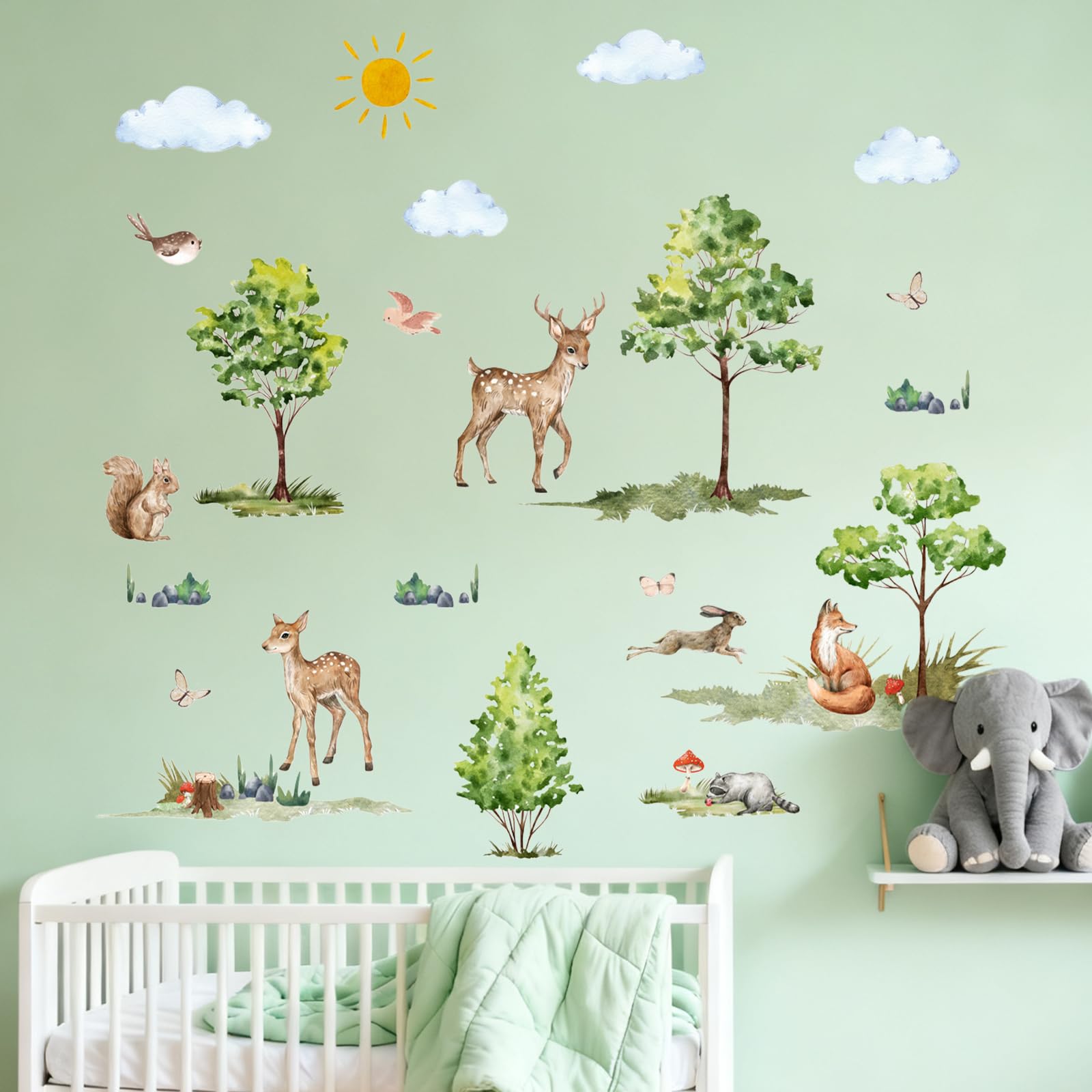 Nidoul Jungle Animals Tree Wall Stickers Cartoon Animal Wall Decals Giraffe Squirrel Tropical Leaves Nursery Decor Kids Bedroom Living Room Kindergarten Wall Decor - Image 2