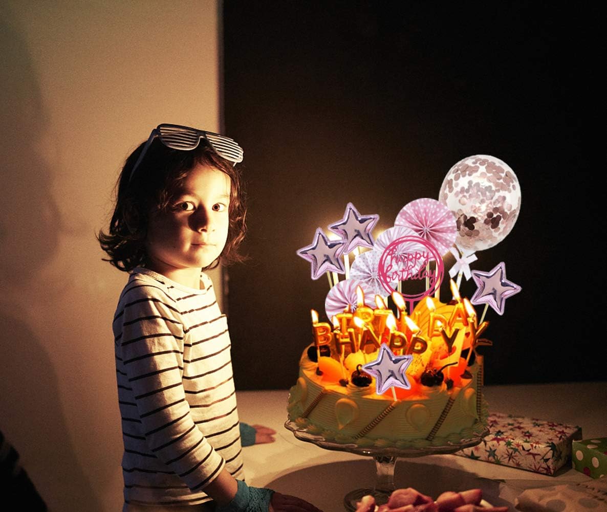 Morofme Rose Gold Cake Topper with Happy Birthday Candles, Acrylic Birthday Cake Topper, Confetti Balloon Paper Fan - Image 4