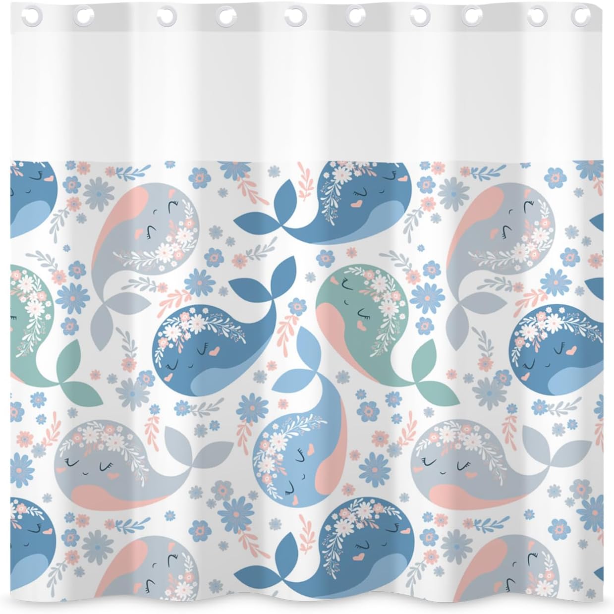 71x71 Inch Without Hook Ocean Shower Curtain and Liner Set Lovely Whale Flower Watercolor Fabric Snap in Shower Curtains for Bathroom Cartoon Cute Anime Nautical Sea Children Bathroom Set