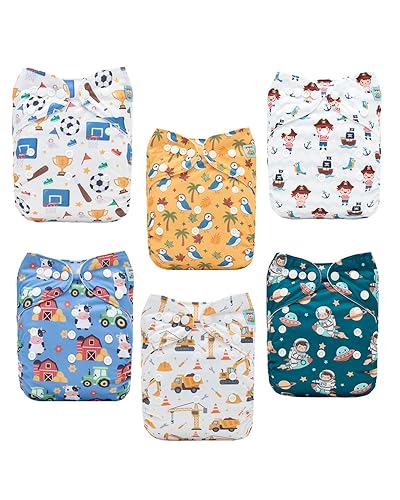 Miniatura 19 de ALVABABY Pañal de tela para bebé, paquete de 6 con 12 insertos, fundas de pañal de tela de tamaño único, ajustables, lavables, reutilizables, para