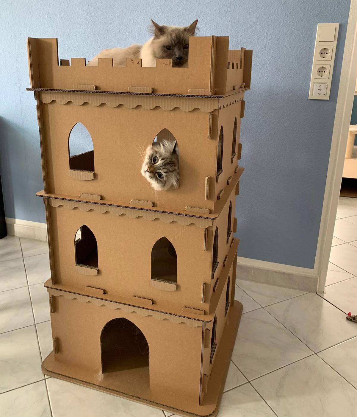 Katzenburg aus Wellpappe, Katzenhöhle, Katzenhaus, Katzenschloss, Katzenbedarf, Katzenkorb, Katzenvilla, Katzenliege, Katzenspielplatz, Katzenspielhaus, faltbar, Katzenbett