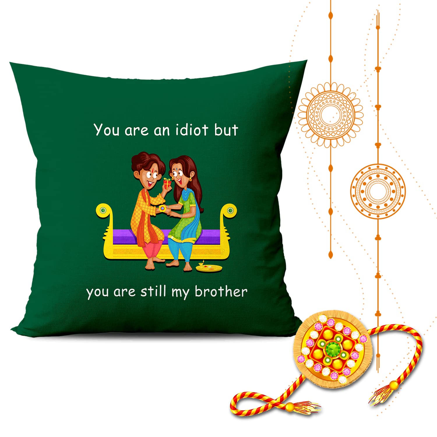 Waniya Store Rakhi Gift for Brother - Premium Rakhi with Rakshabandhan Cushion Cover (12 X 12 inch) with Designer Rakhi and Roli Chawal - Rakhi for Brother (Waniya Store_CusRakhi_77)