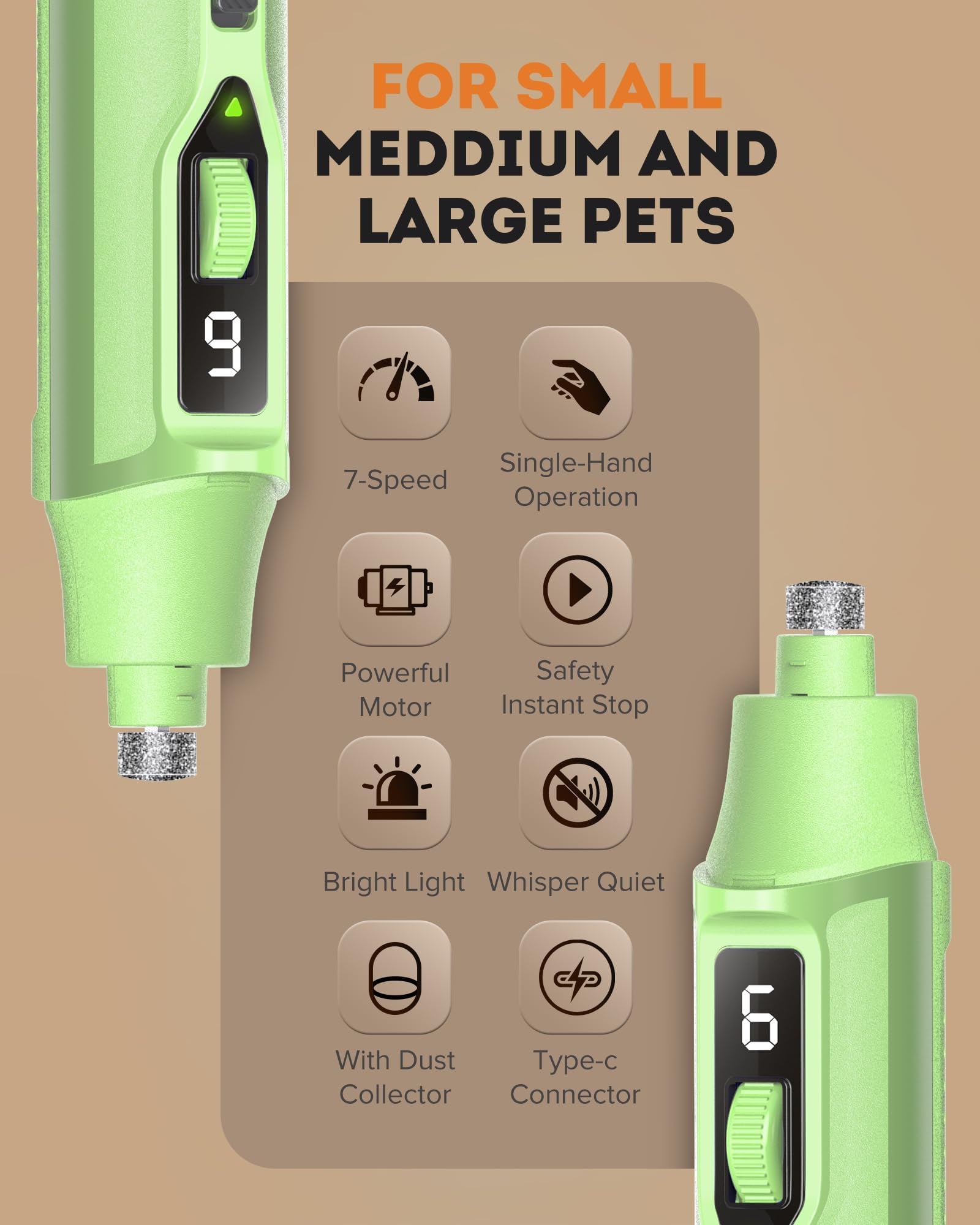 YABIFE Molinillo de uñas para perros de 7 velocidades con luz LED, cortador de uñas eléctrico ultra silencioso para perros y gatos grandes, herramienta de aseo profesional con colector de polvo