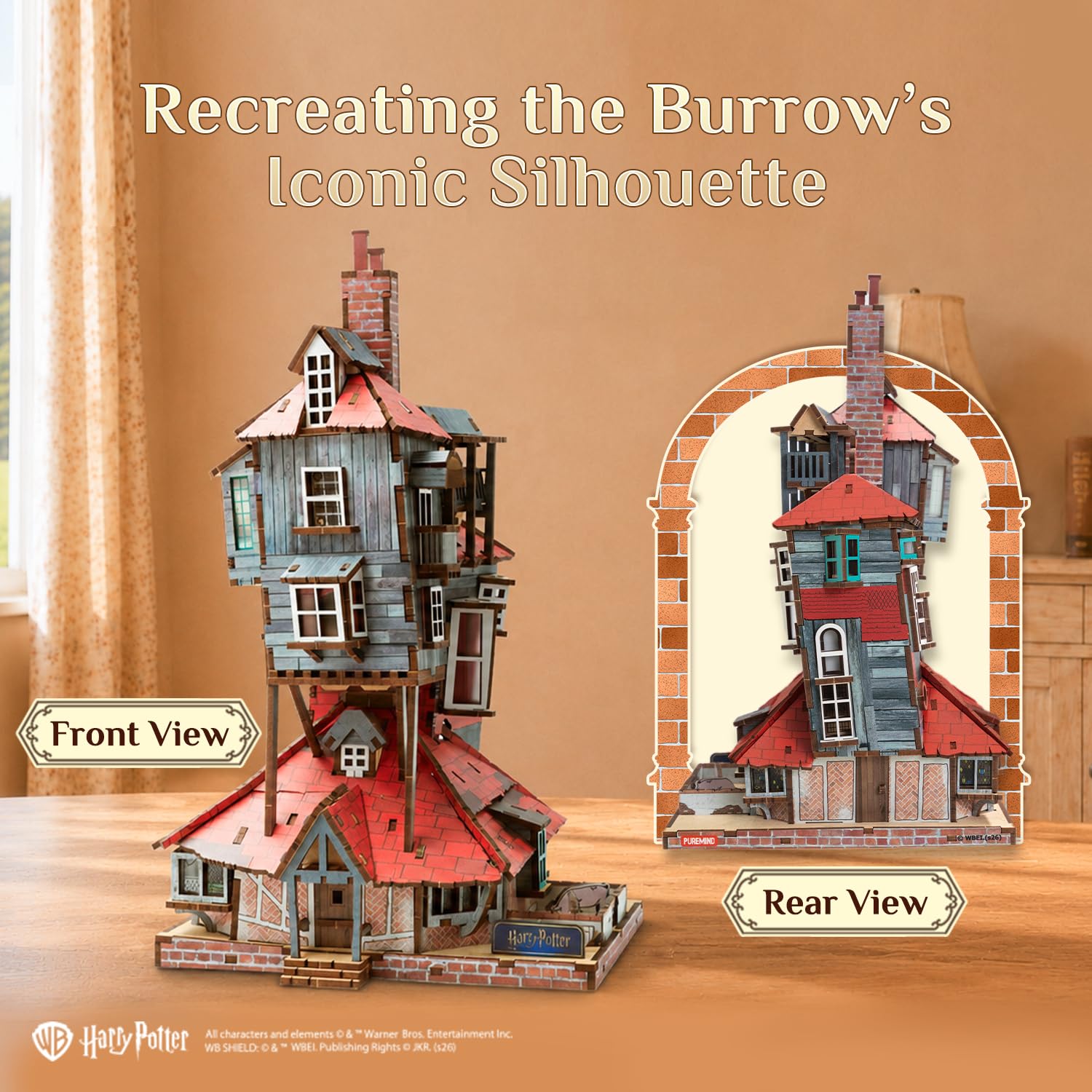 PUREMIND Harry Potter Le Terrier Puzzle 3D en Bois, Maison Weasley à Monter | Sous licence officielle, cadeau Harry Potter, sans colle, portes ouvrantes, 16 fenêtres, maquette de collection, déco vitrine