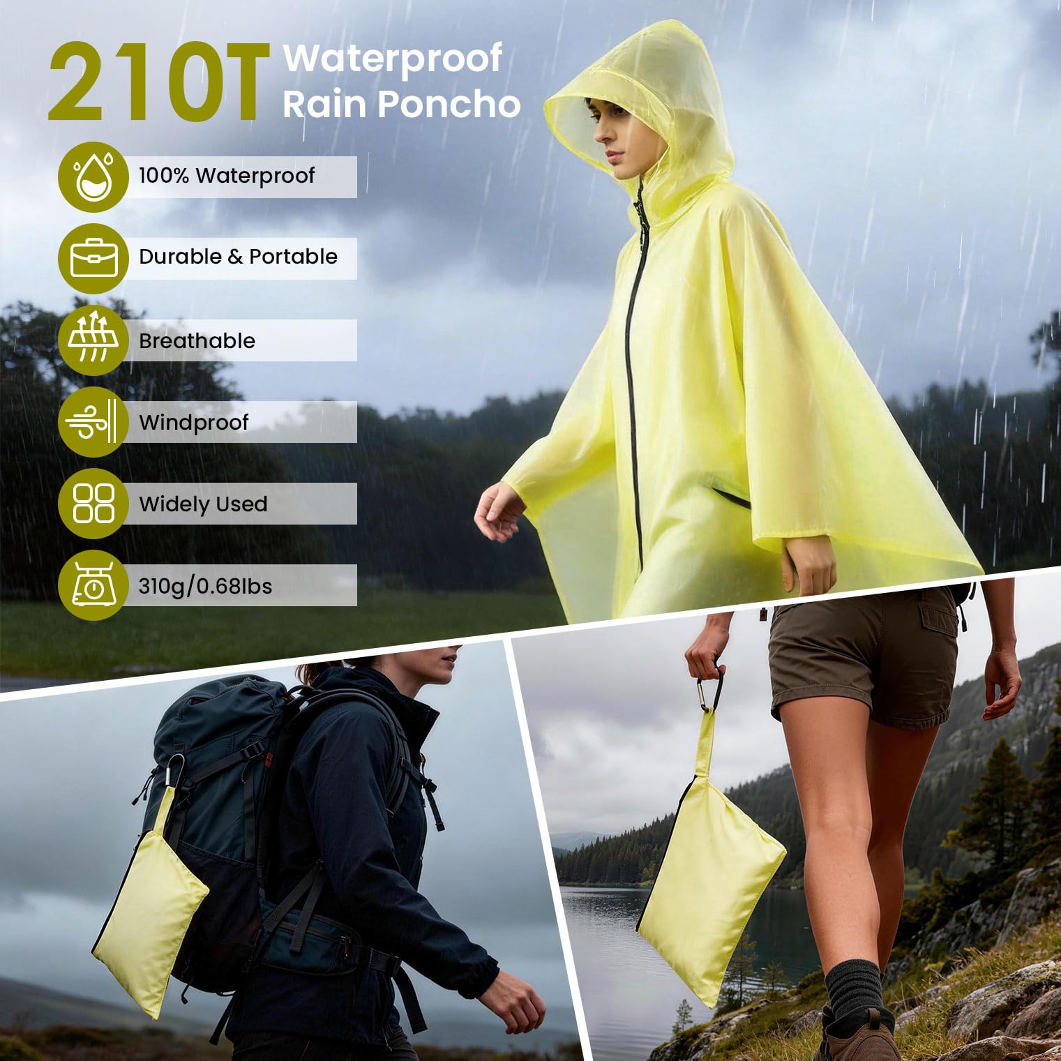SOPPY Poncho de pluie léger et imperméable pour homme et femme, coupe-vent, réutilisable, indéchirable, respirant avec capuche pour activités de plein air, séchage rapide, taille unique