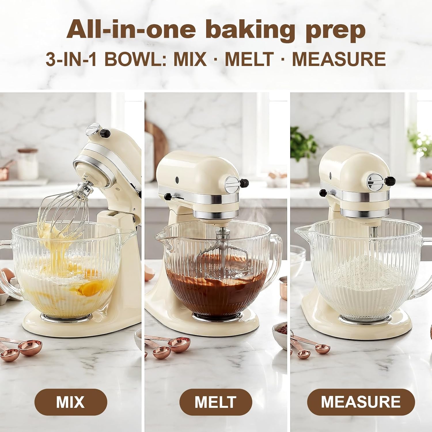 Glass Mixer Bowl for KitchenAid 4.5 and 5 Quart Tilt-Head Stand Mixers, 5 qt Mixing Bowl for Kitchen Aid With Measurement Markings & Handle