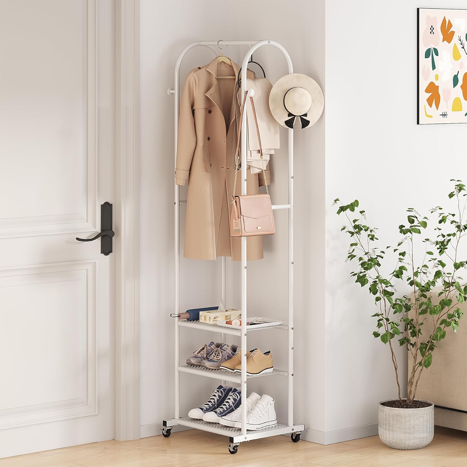 Hall Tree with Wheels and Hanging Hooks,Heavy-Duty Metal Coat Rack with Shoe Shelves,3-in-1 Narrow Entryway Storage for Small Space,Suitable for Hallway,Bedroom and Bathroom,White