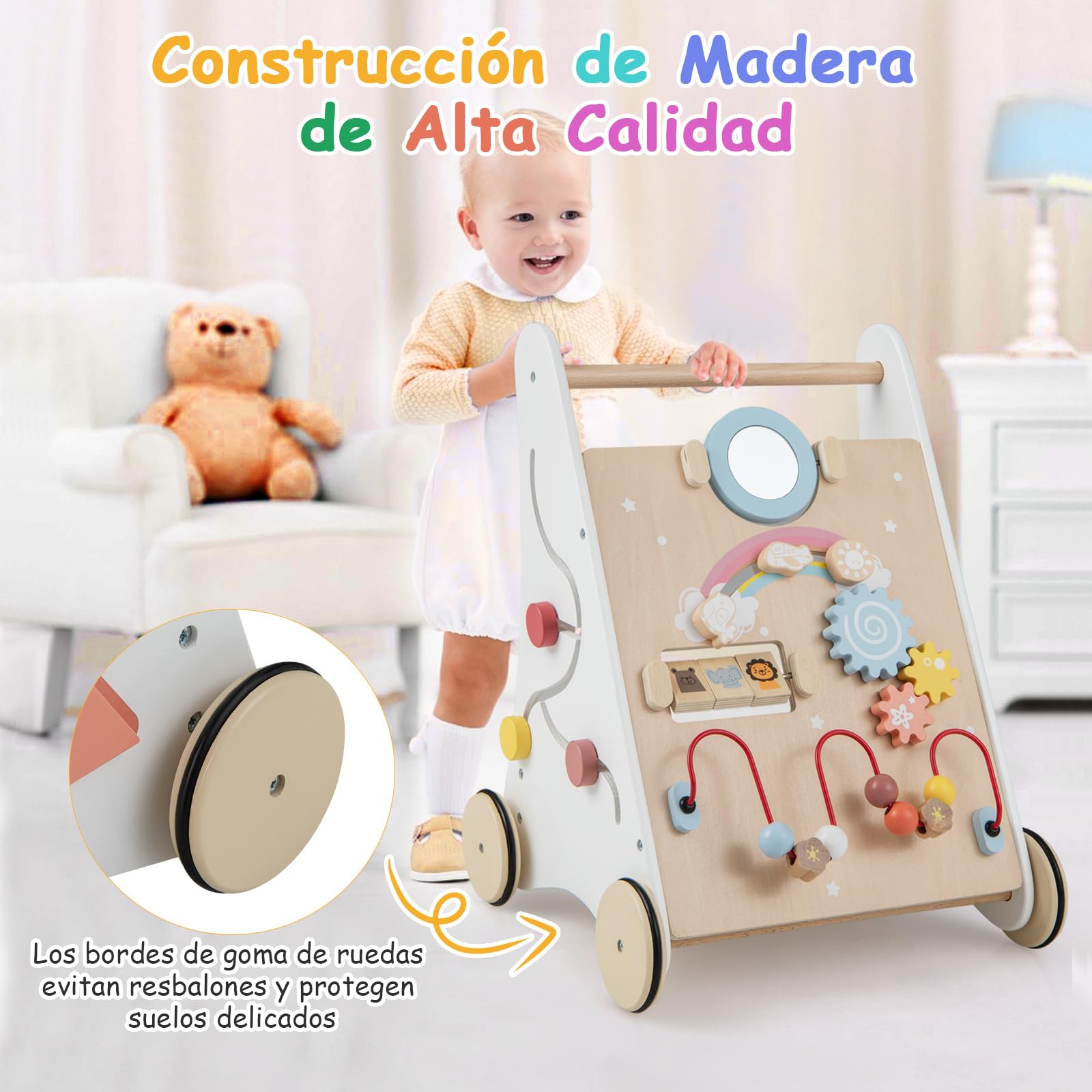 COSTWAY Andador Bebes de Madera, 7 en 1 Andador de Aprendizaje para Empujar/Jalar, Juguetes de Actividad de Madera, Desarrolla las Habilidades Motoras, Juguete para Caminar para Niños de 1+ Años
