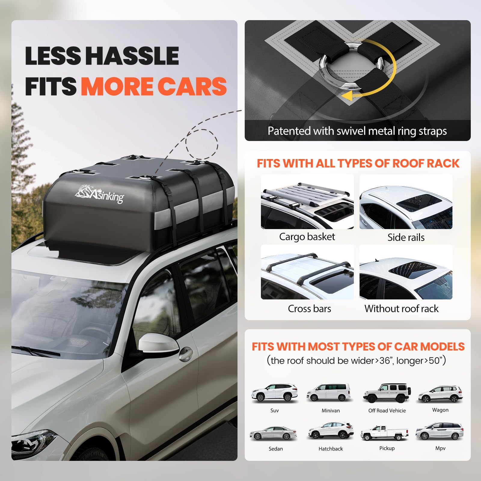 Asinking Borsa da carico per tetto auto, 100% impermeabile, resistente, 4,5 m cubi, adatta a tutti i veicoli con/senza portapacchi, facile da installare e triplicare rinforzata per un uso sicuro