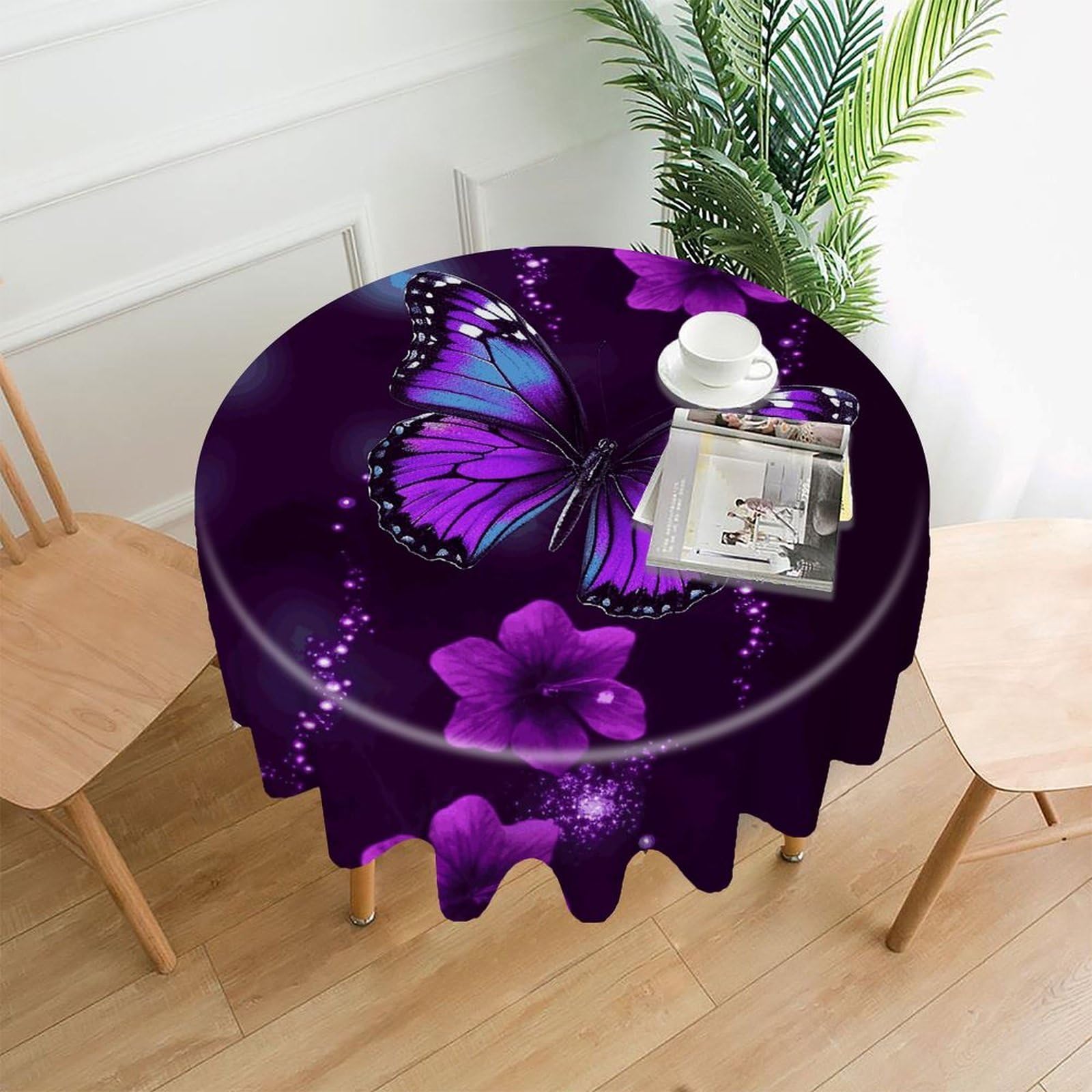FekiLoot Purple Butterfly Round Tablecloth Cover 60 Inch Wrinkle Free Washable Polyester Fabric Table Cover Decorative Round Table Cloth for Home Dining Kitchen Party Farmhouse