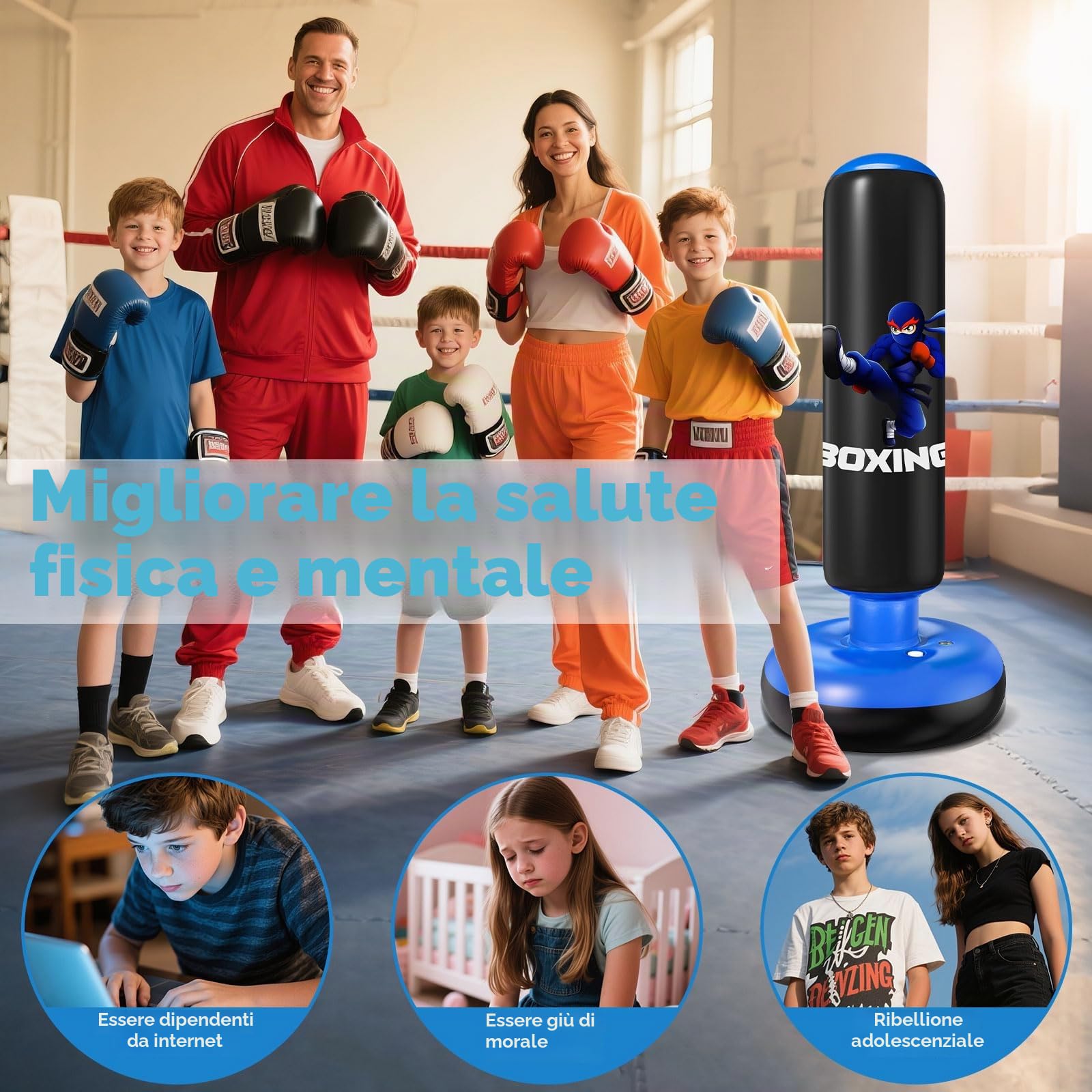 Qoosea Sacco da Boxe per Bambini, Stabile Pungiball Bambini Gonfiabile con Guantoni da Boxe, per Pratica di Taekwondo Karate MMA, Sacchi da Boxe Gonfiabile per 3-12 Ragazzi Ragazze