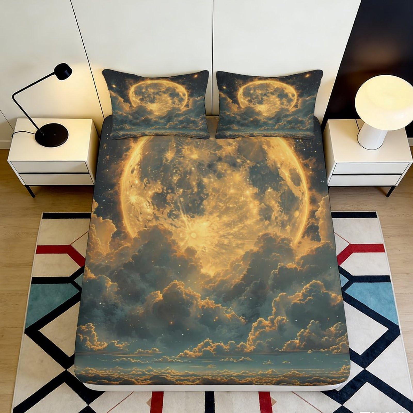 3D Printed Moon Cloud Fitted Sheet Microfiber Soft Breathable Night Sky Mattress Cover for Bedroom Guest Room Decor 90x200x25cm