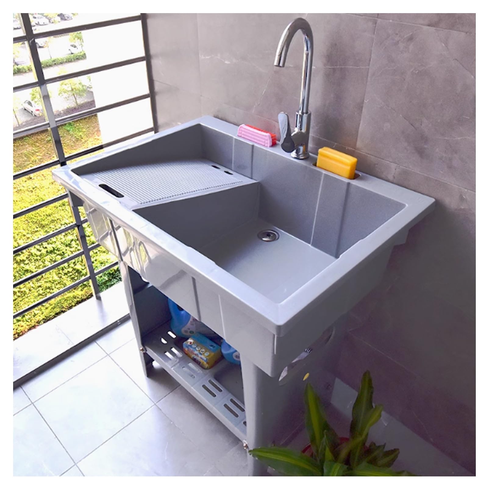 Évier À Linge Autoportant avec Robinet, Évier Utilitaire en Plastique,évier Portable, Evier Exterieur,Robinet d'eau Froide Et Chaude pour Buanderie, Garage, sous-Sol, Jardin.