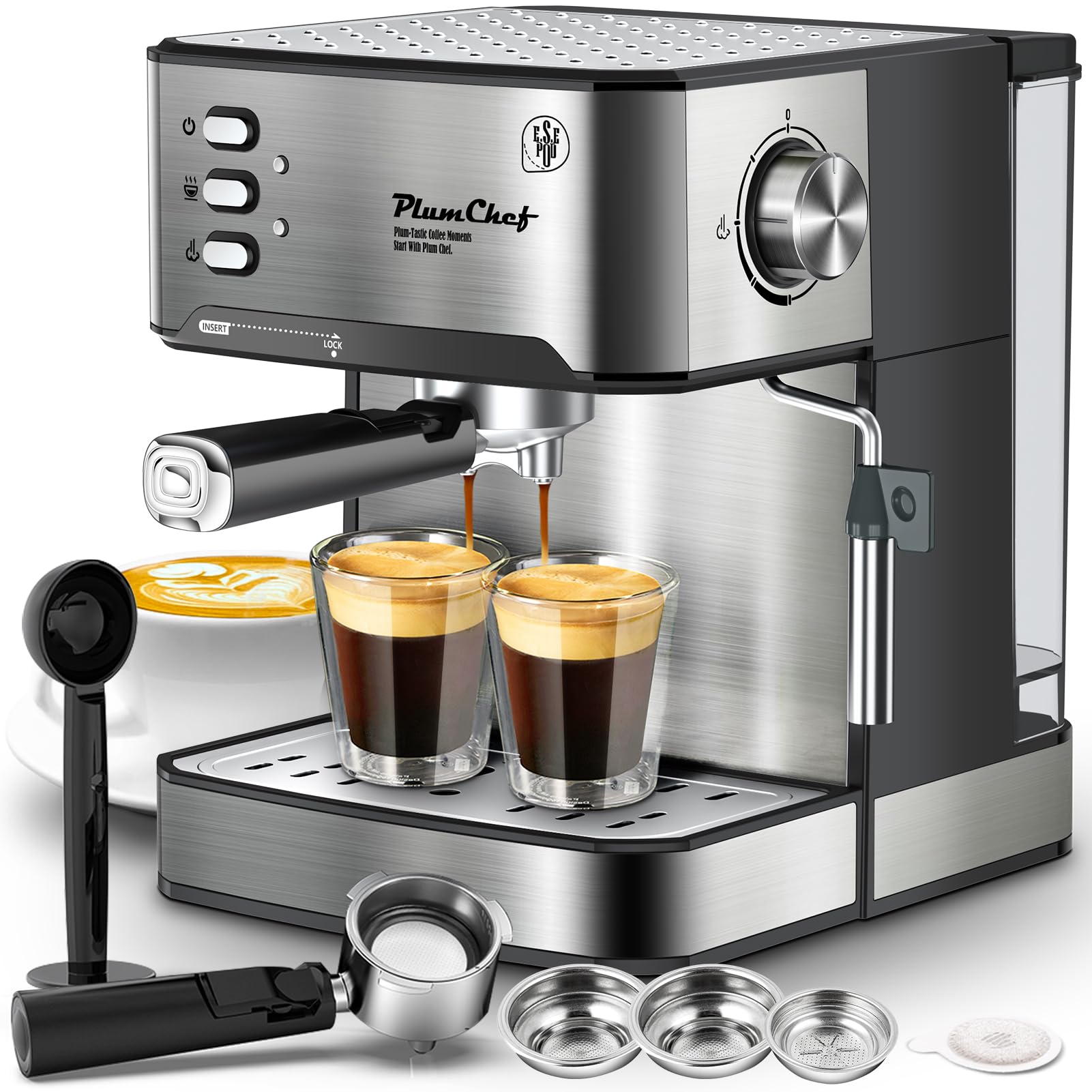 PlumChef Espresso Machine 20 Bar Professional Compact Homehold Coffee Espresso Maker with Milk Frother Steam Wand 54oz Water Tank Low Noise and Fast Coffee Machine for Latte Cappuccino