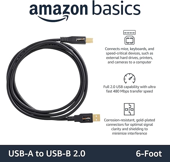 Amazon Basics USB 2.0 Cable, USB-A to USB-B, for Printer or External Hard Drive, Connect to Computer/Laptop/PC, 480 Mbps Transfer Speed, Gold-Plated Connectors, 6 Foot, Black