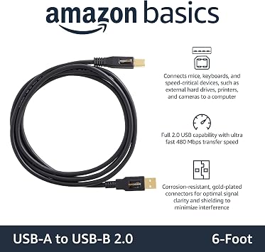Amazon Basics USB 2.0 Cable, USB-A to USB-B, for Printer or External Hard Drive, Connect to Computer/Laptop/PC, 480 Mbps Transfer Speed, Gold-Plated Connectors, 6 Foot, Black