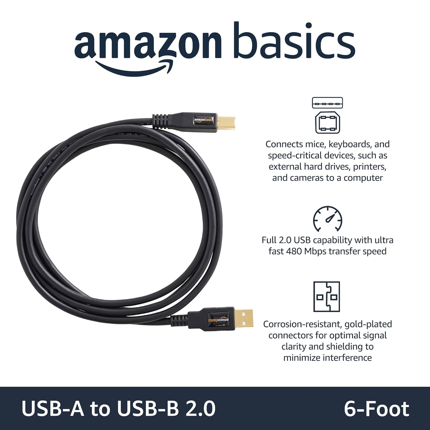 Amazon Basics USB-A to USB-B 2.0 Cable for Printer or External Hard Drive, Gold-Plated Connectors, 1.8 m, Black - Image 2