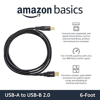 Amazon Basics USB 2.0 Cable, USB-A to USB-B, for Printer or External Hard Drive, Connect to Computer/Laptop/PC, 480 Mbps Transfer Speed, Gold-Plated Connectors, 6 Foot, Black