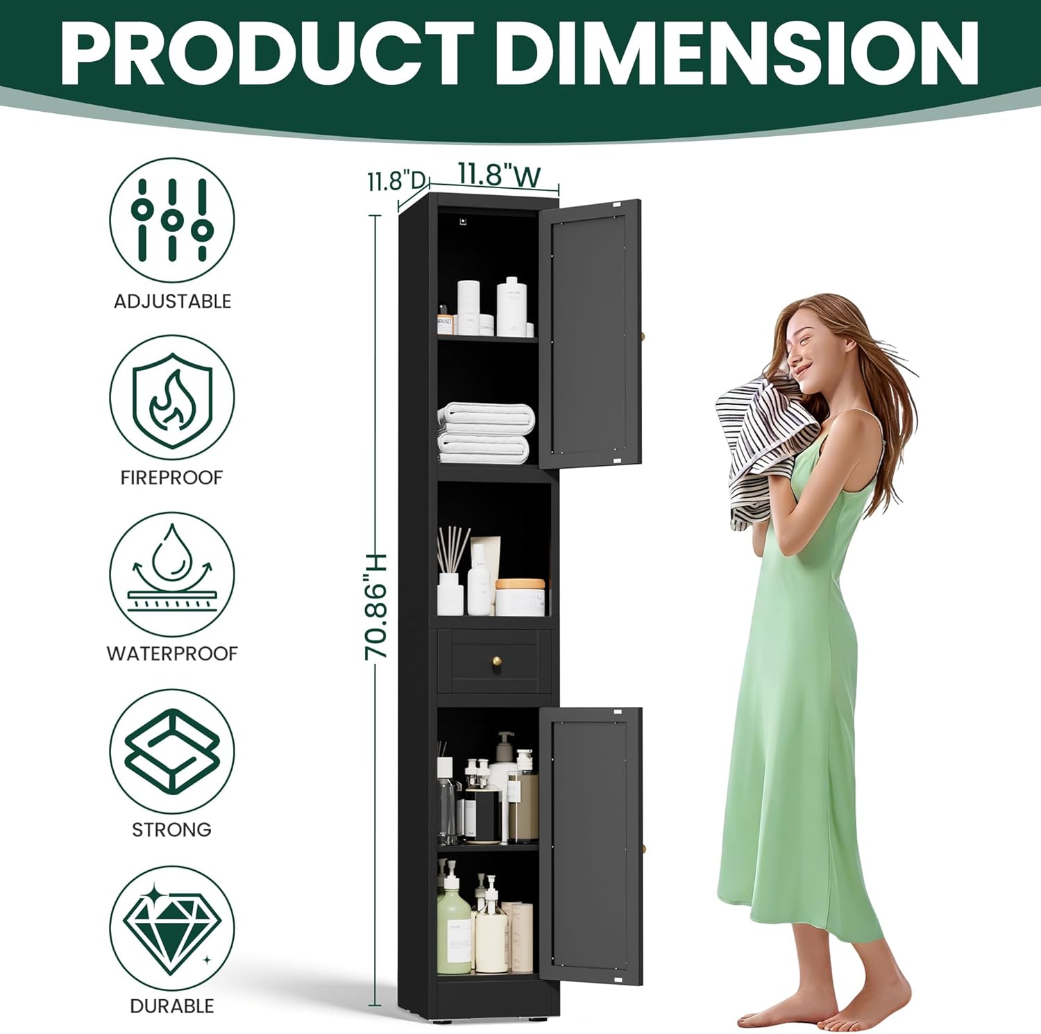 Tall Metal Bathroom Cabinet, 71" Tall Slim Freestanding Locker with 2 Door & 1 Drawer, Narrow Storage Cabinet with Adjustable Shelves, for Small Spaces, Bathroom, Living Room, Modern - Black