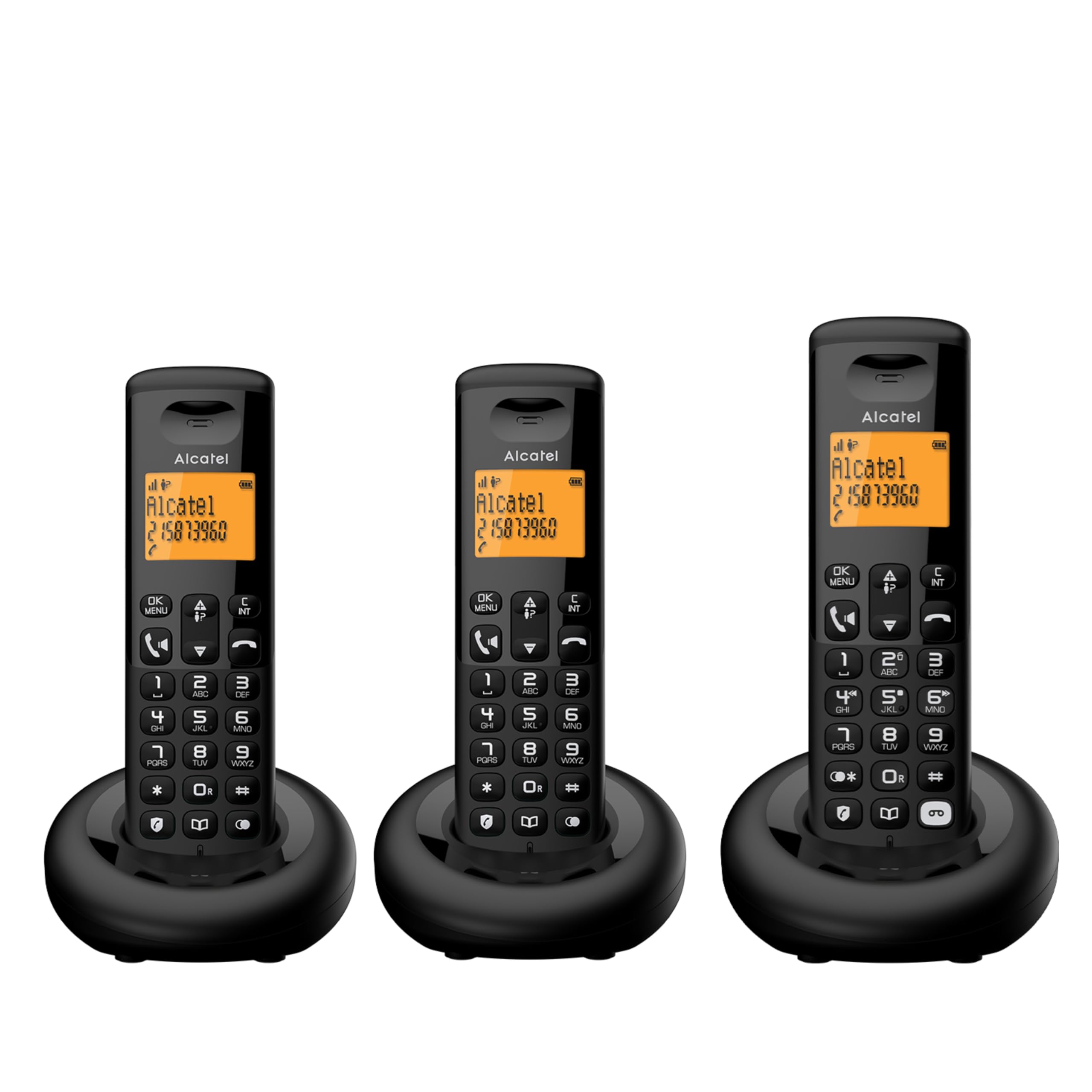 ALCATEL E260 S. Voice Trio - Telefono Fisso Cordless DECT con Segreteria - Design Compatto - Grande Display Retroilluminato - Vivavoce - Funzione Blocco Chiamate Indesiderate - 3 Portatili - Nero