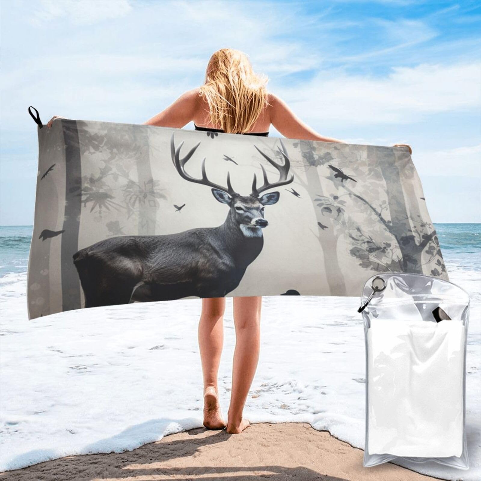 DWVTSLH Microfiber Sand Free Beach Towel 31.5"x63", Quick Dry Absorbent Travel Towel Large Camping Blanket, Hunting Silhouette of Deer Bath Towels Lightweight Pool Swim Towels for Vacation Essentials