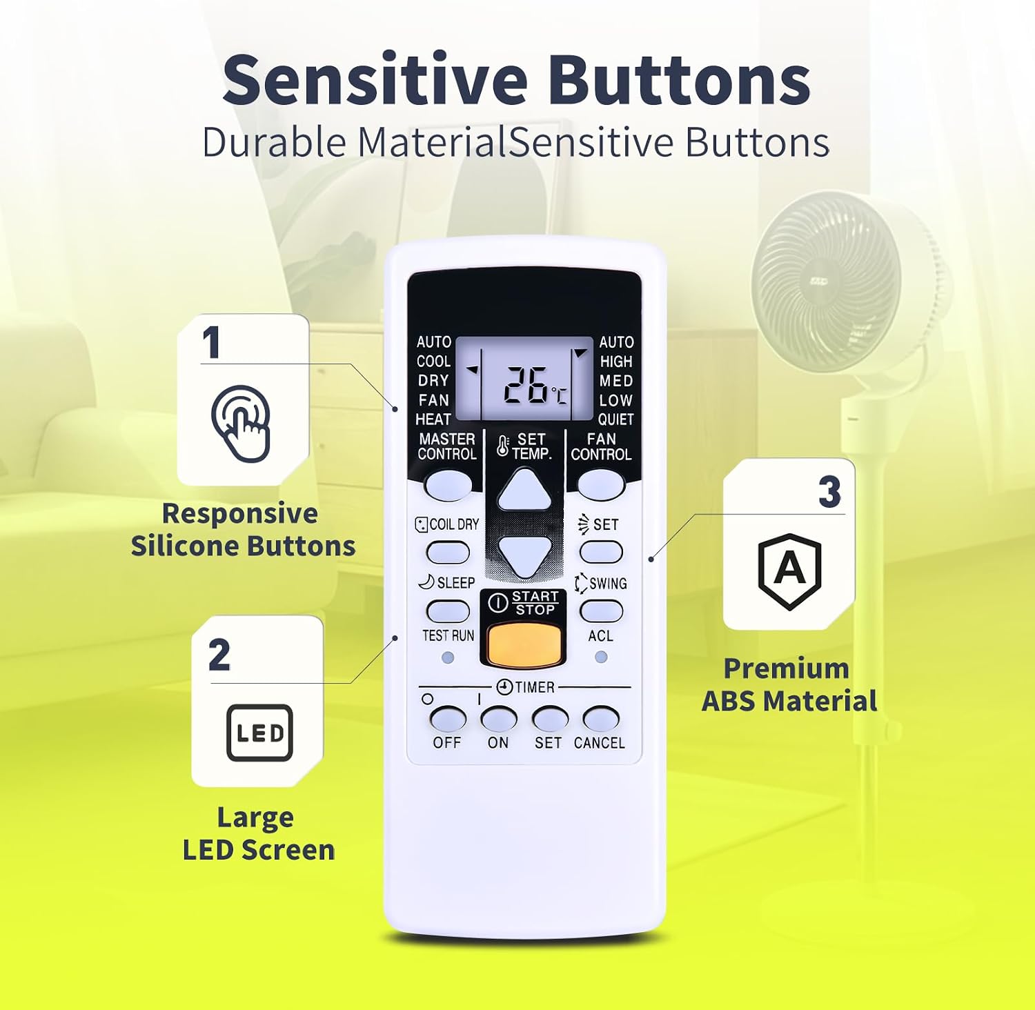 Close-up of the remote control's buttons and LED screen