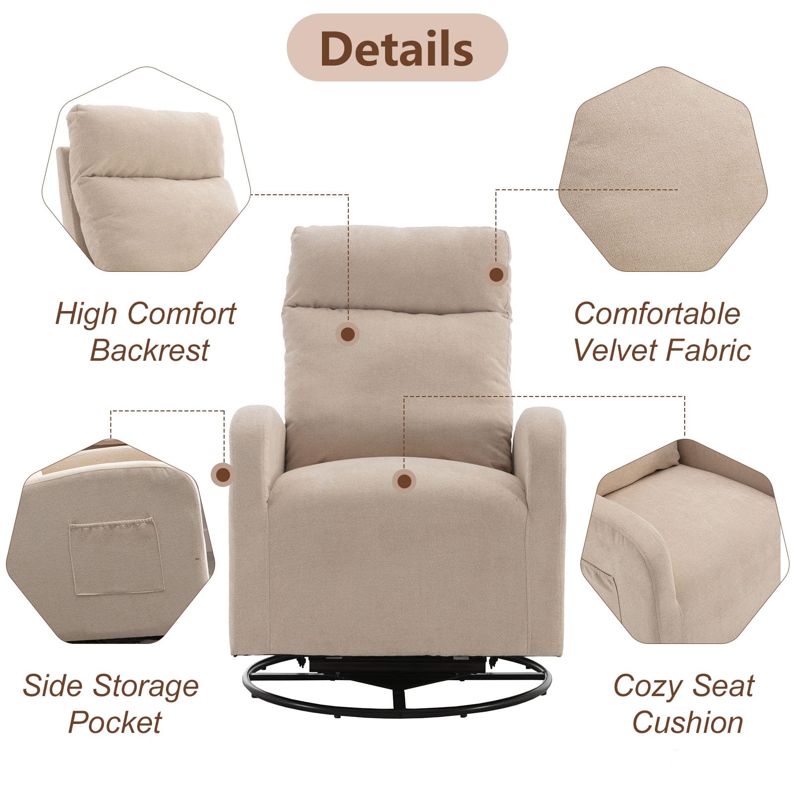 LUCKHAO Mecedora giratoria, sillón giratorio de deslizamiento para guardería, tapizado de tela de tilo, sillas mecedoras modernas con respaldo alto para guardería, dormitorio, sala de estar (beige)