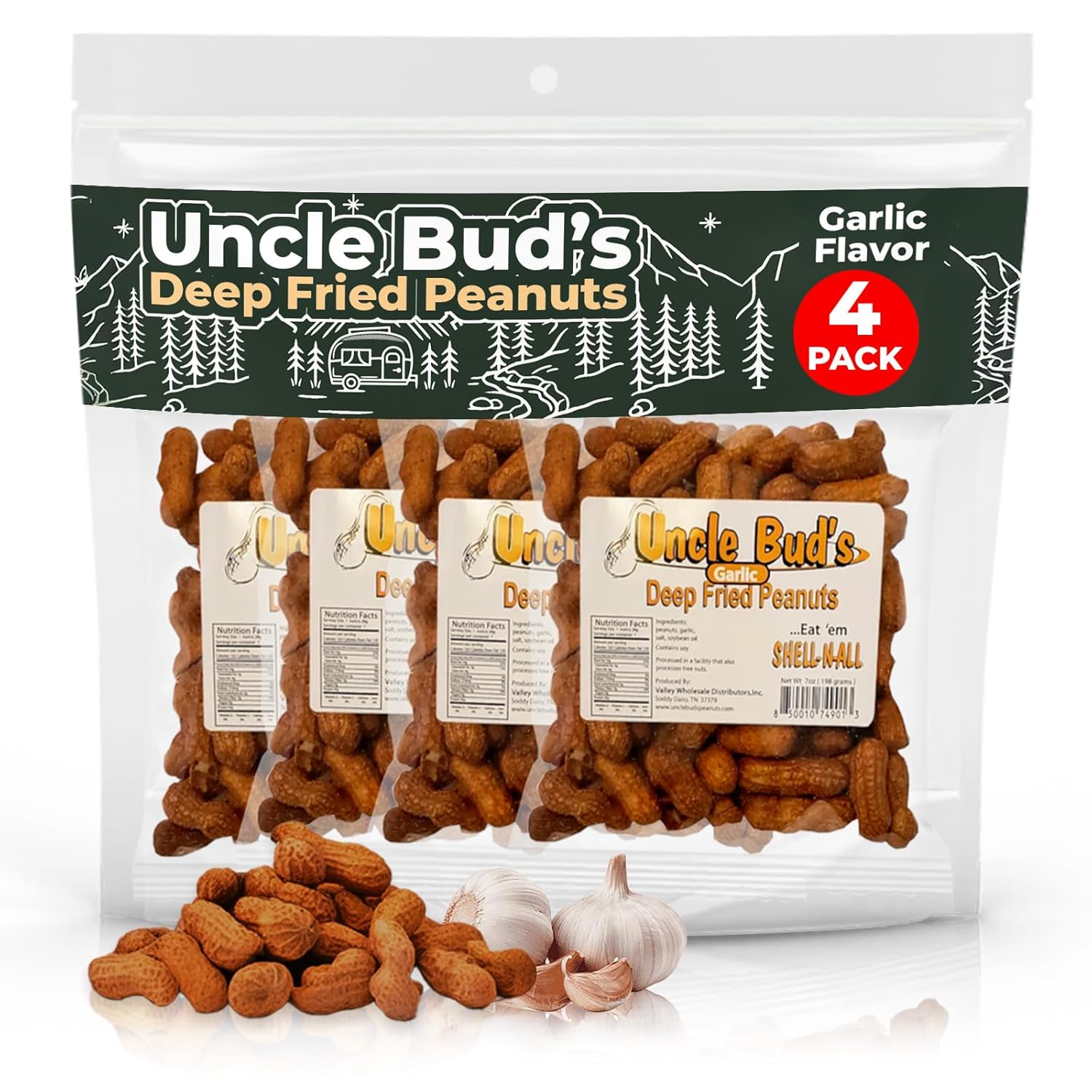 Uncle Bud's Deep Fried Peanuts In Shell (4-Pack) | Premium Flavor Garlic Peanuts | Crunchy Treats & High Protein Garlic Snacks | Ideal Gifts for Gatherings, Camping & Road Trips | USA Made