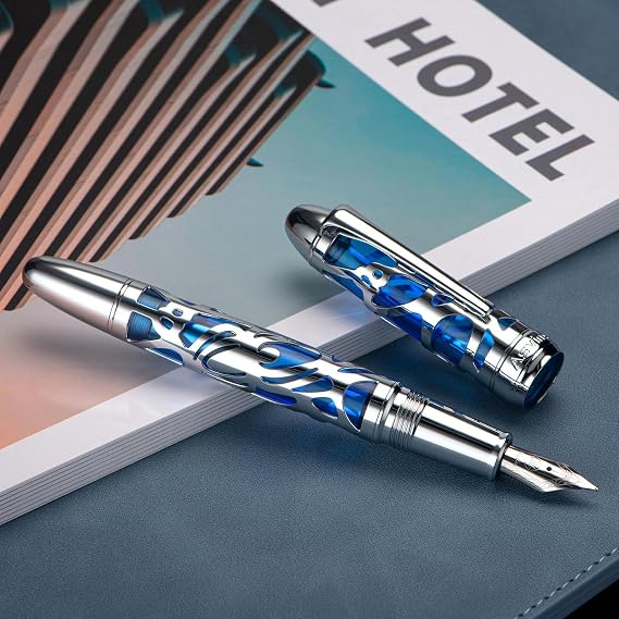 Asvine P80 Piston Filling Fountain Pen Medium Nib, Spider Skeleton Transparent Blue Acrylic Pen Case and Wrench Set