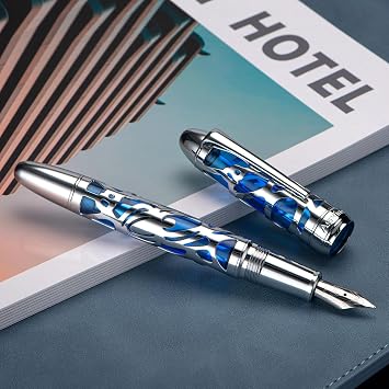 Asvine P80 Piston Filling Fountain Pen Medium Nib, Spider Skeleton Transparent Blue Acrylic Pen Case and Wrench Set