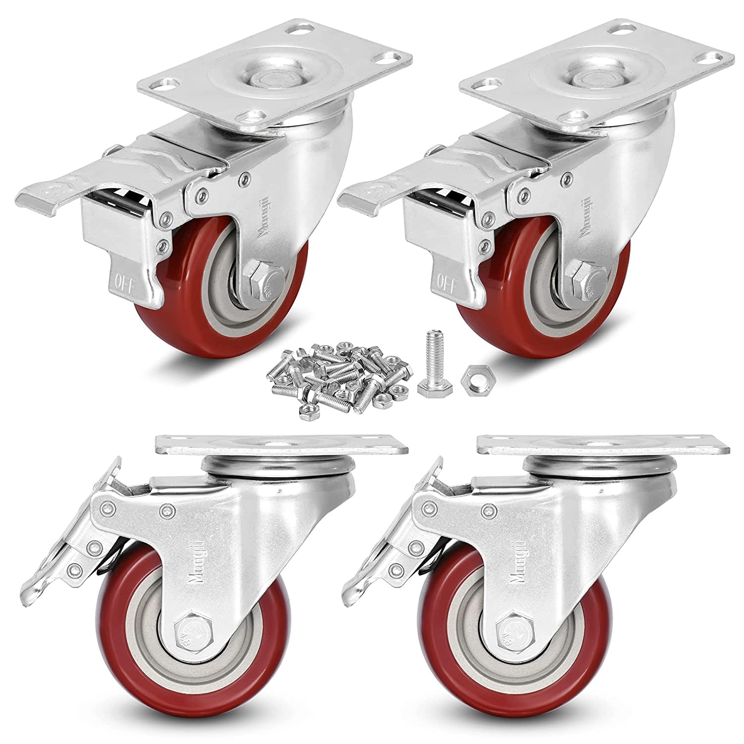 3 inch Heavy Duty Casters Load 1500lbs,Lockable Bearing Caster Wheels with Brakes,Swivel Casters for Furniture and Workbench?Set of 4 (Free Screws)