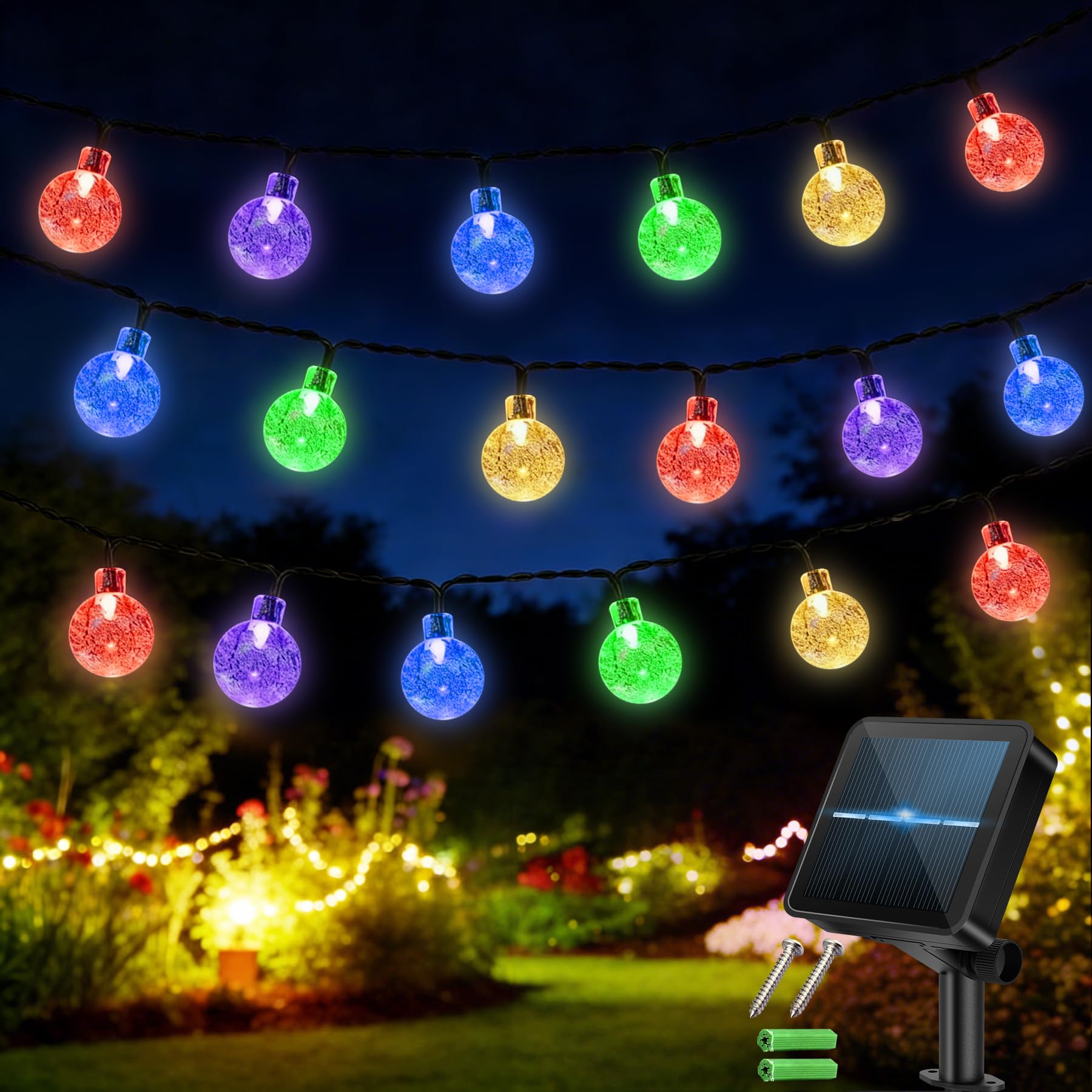 Solar Fairy Lights Outdoor, 100LED 12M/39FT Solar Garden Lights, Waterproof Solar Powered Globe Lights, 8 Modes with 8-Hour Timer, Suitable for Garden, Yard, Decoration, Home, Gazebo(Multi-Coloured)