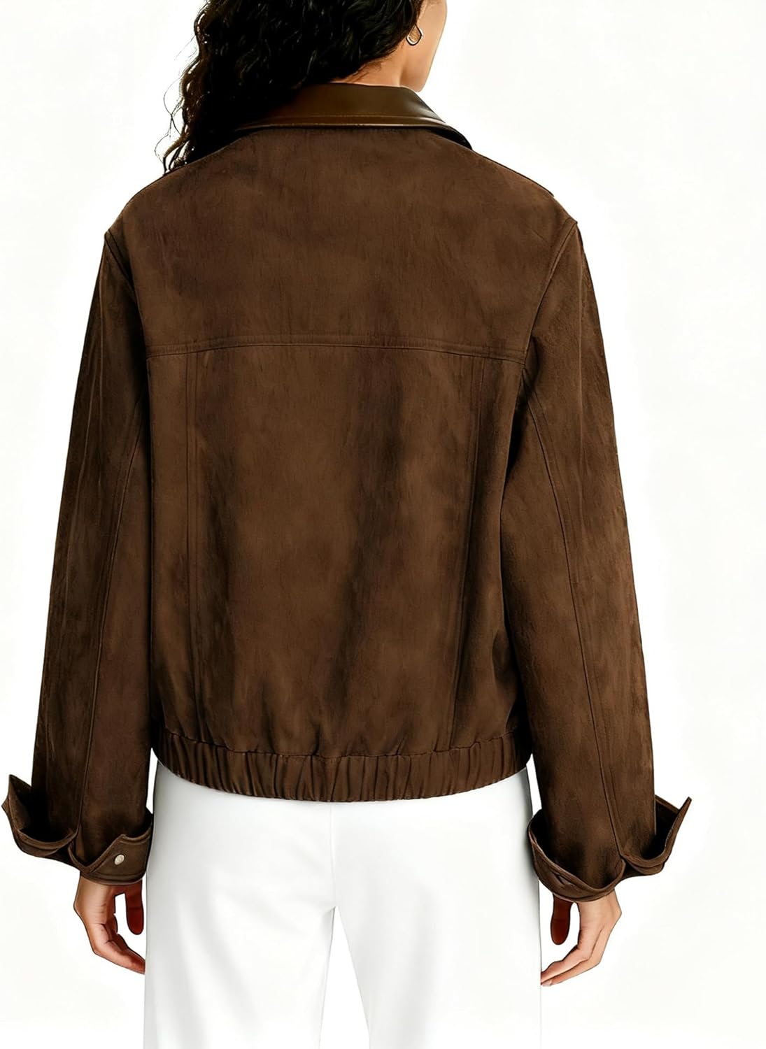 Zoziiee Women's Faux Suede Cropped Jacket Contrast Collar Zip Up Utility Barn Coat Trendy Fall Outwear - Image 6