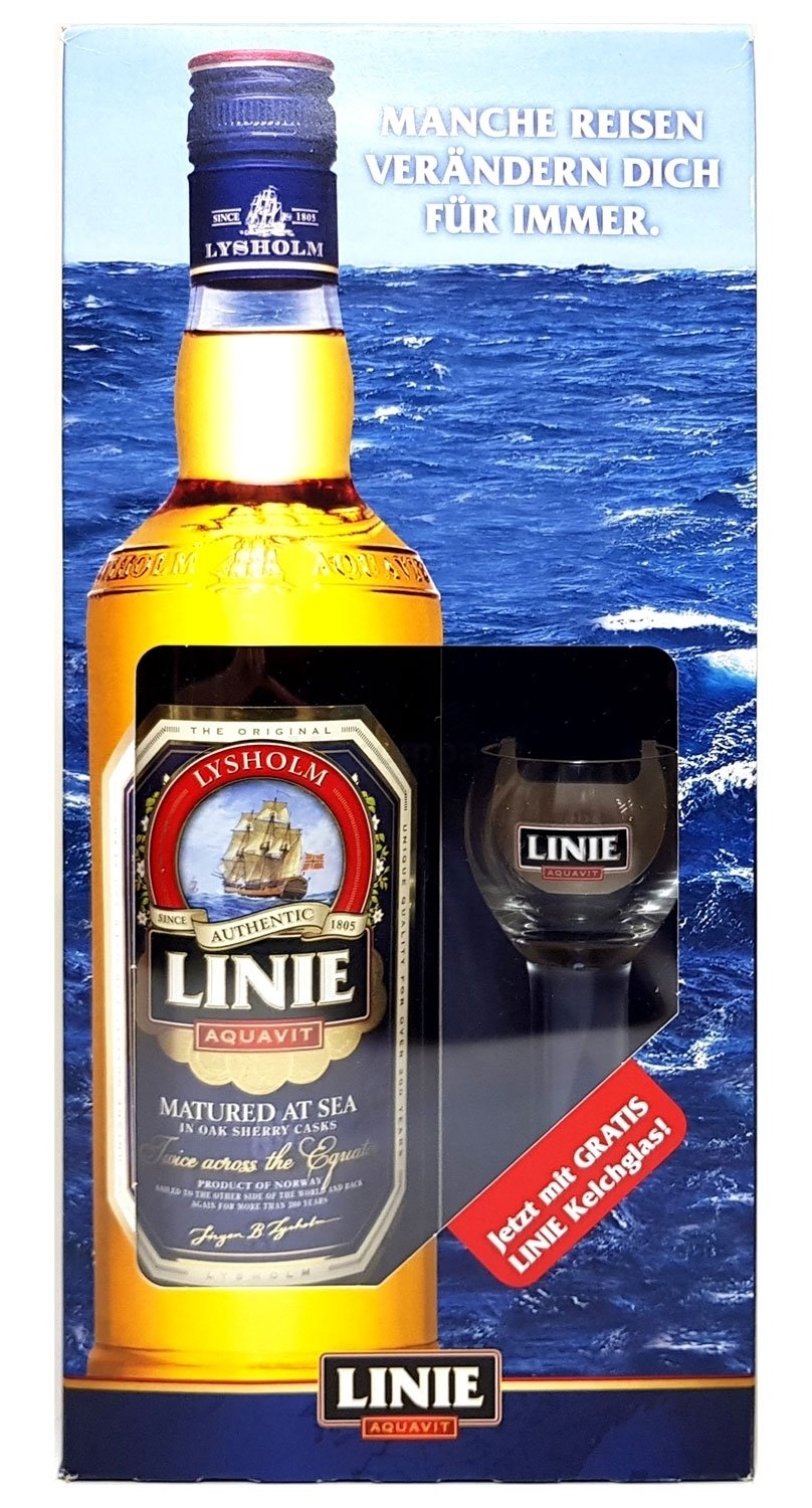 Linie Geschenkset - Linie Aquavit 0,7l 700ml (41,5% Vol) + Kelchglas Glas -[Enthält Sulfite]