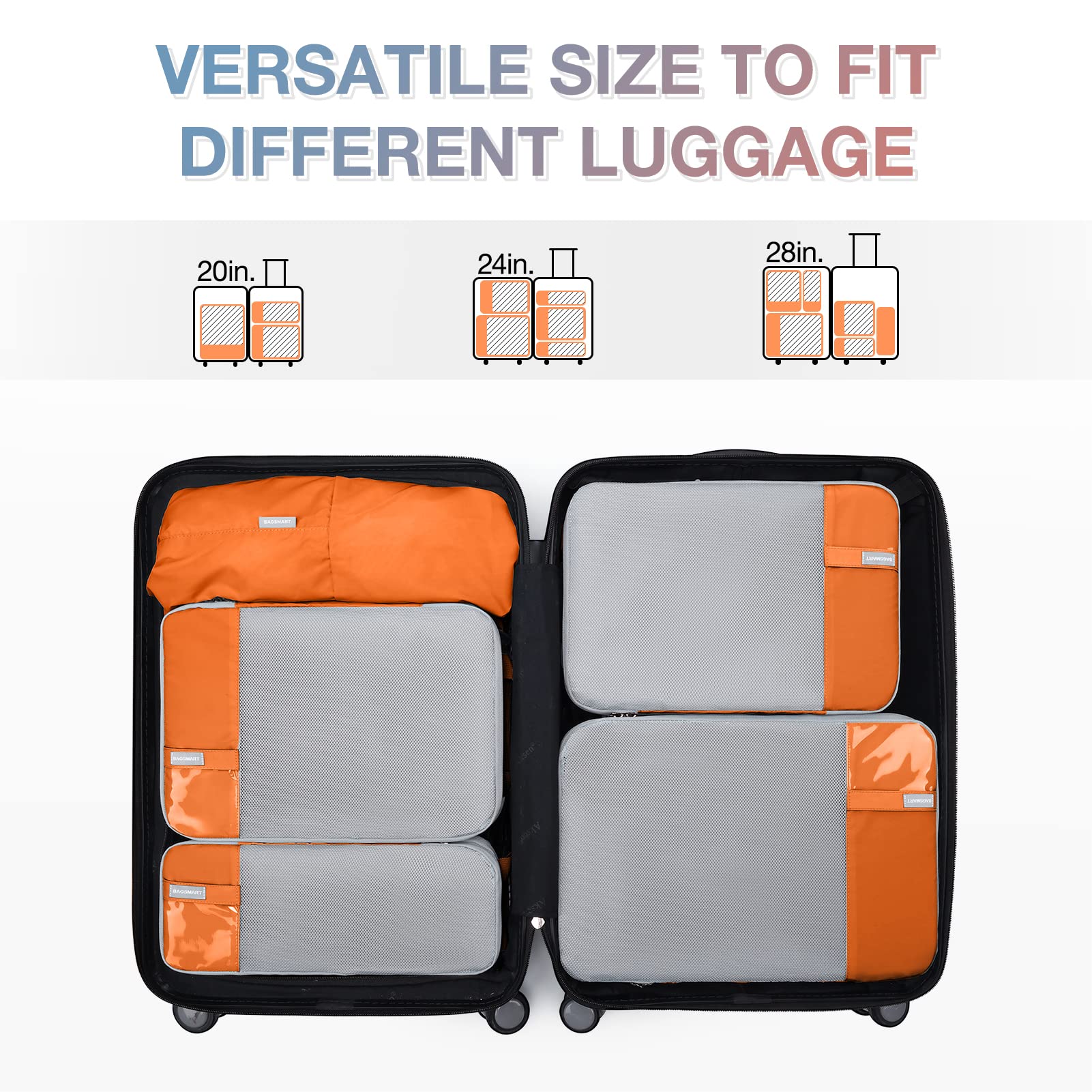 BAGSMART 6 Pièces Organisateur Valise,Sac Compression Voyage,Packing Cubes Réutilisable, Rangement Valise Accessoire,avec Sac à Linge Pratique pour Sac à Dos,Valise,Organiseur,Orange