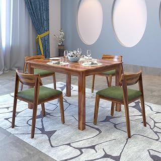DRIFTINGWOOD Liana Dining Table 4 Seater | Four Seater Dinning Table with 4 Chairs with Green Cushions for Home | Rosewoo... Price In India