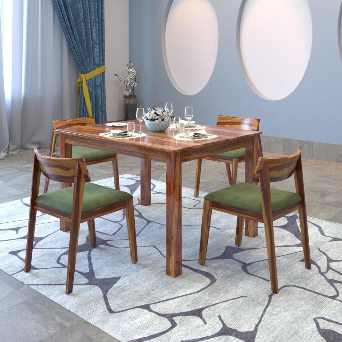 DRIFTINGWOOD Liana Dining Table 4 Seater | Four Seater Dinning Table with 4 Chairs with Green Cushions for Home | Rosewood, Natural Finish, Self Assembly(DIY)-image-31