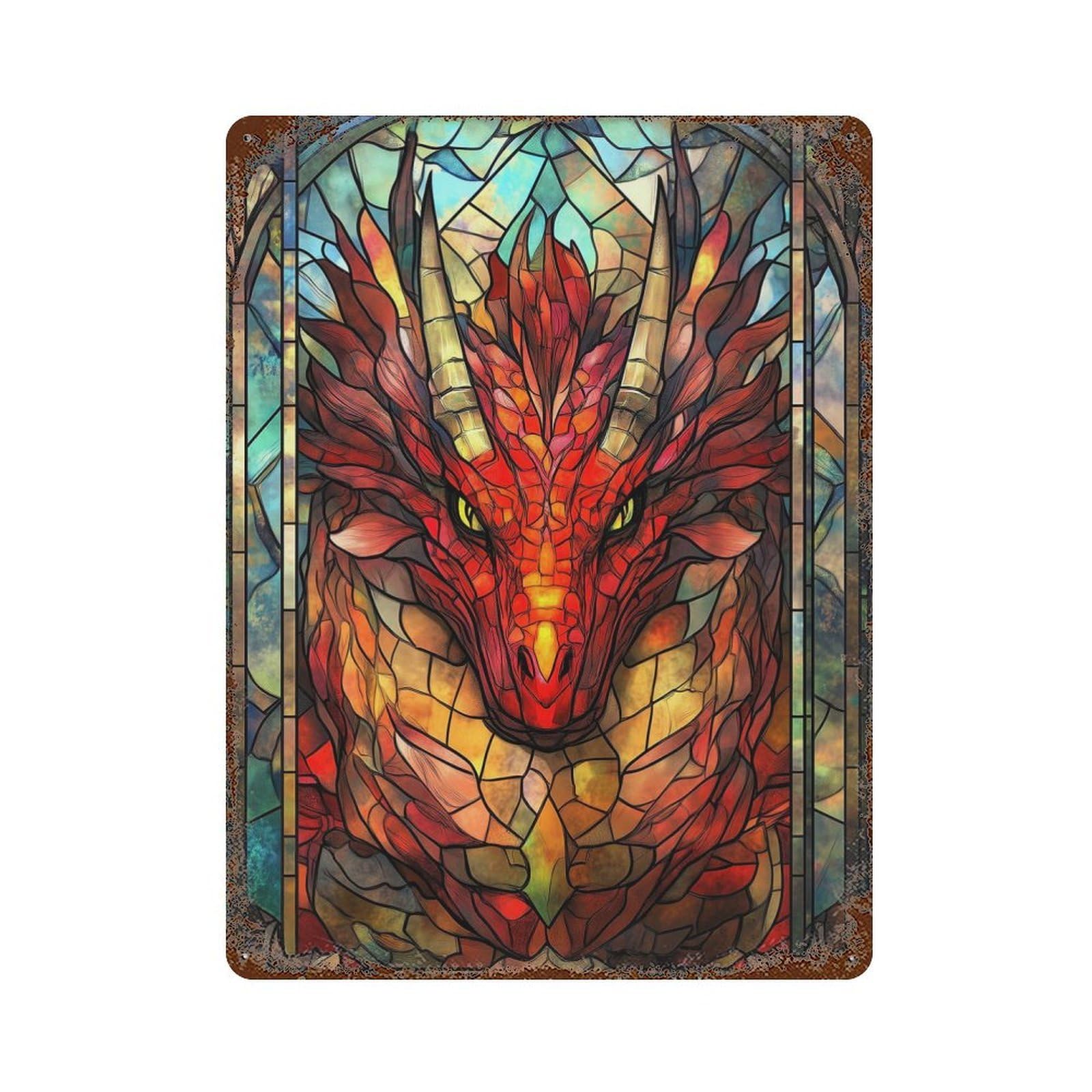 Dragon Stained Glass Retro Metal Sign 15.7"x11.8", Novelty Wall Decor for Garage, Pub Or Kitchen
