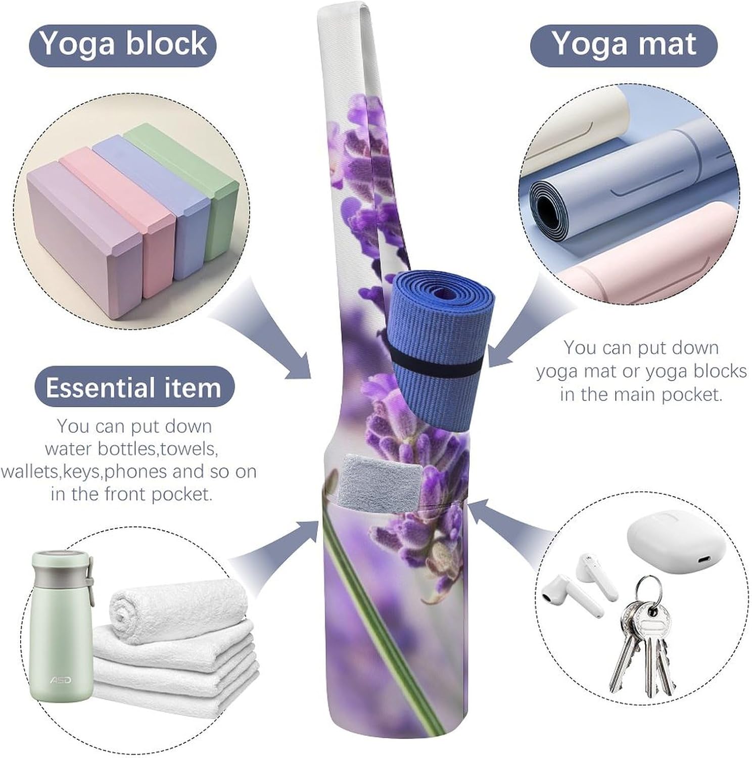Canvas Yoga Bag,Lavender Flower Printed Yoga Mat Handbag,Portable Yoga Mat Bag Large Capacity Gym Bag for Men Women Pilates Beach Travel