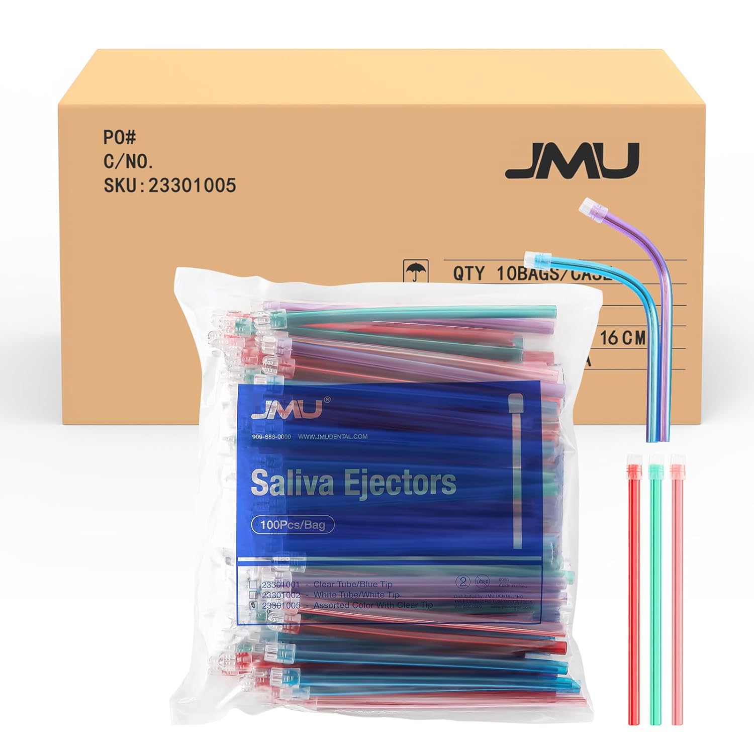 JMU 1000pcs Dental Saliva Ejectors Disposable, Flexible Evacuation Suction Tips, Assorted Colors, 10 Bags/Case