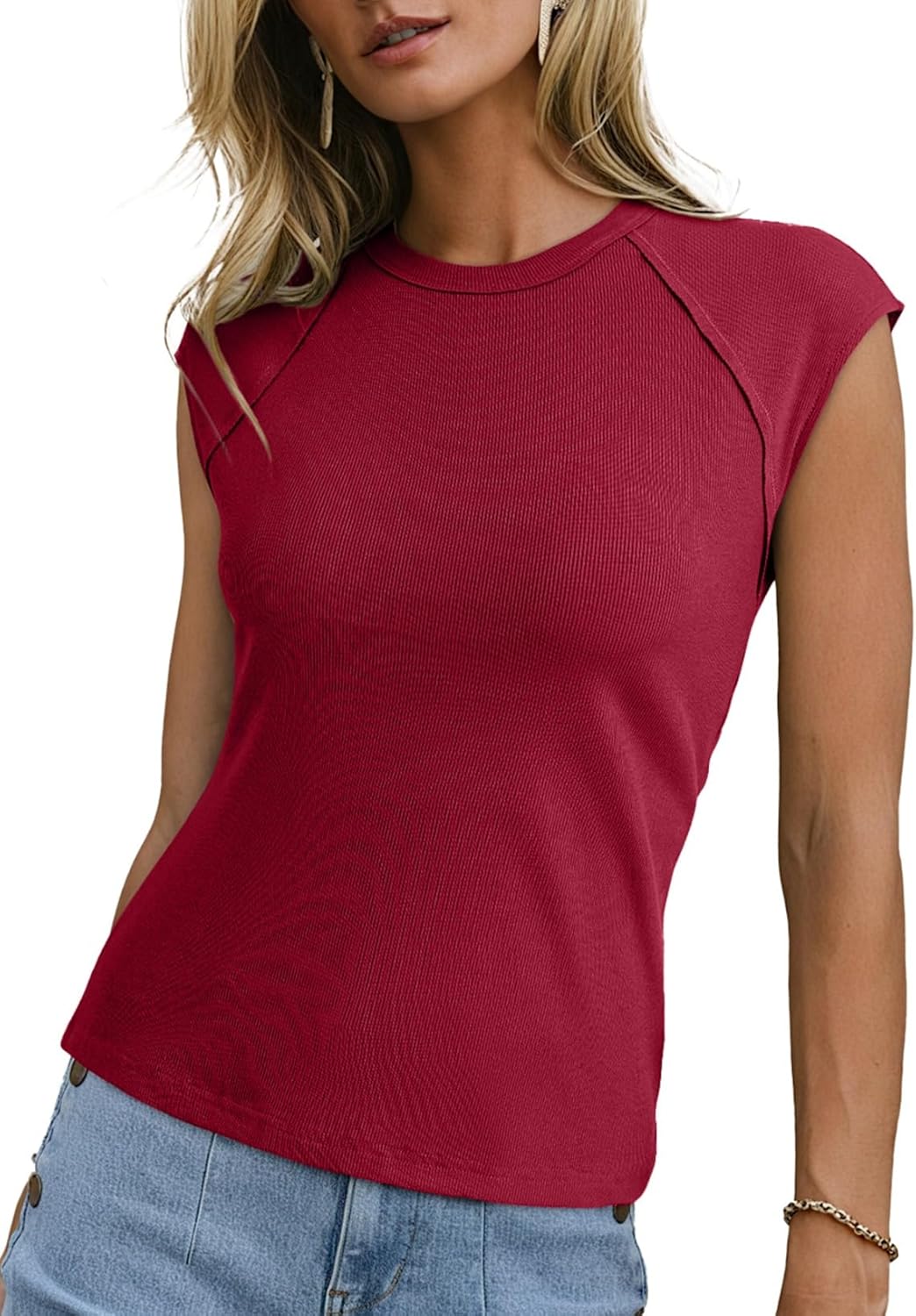 Sidefeel Womens Tops Casual Crewneck Cap Sleeve Tops Ribbed Raw Hem Summer T Shirts Slim Fit Basic Tees Blouses