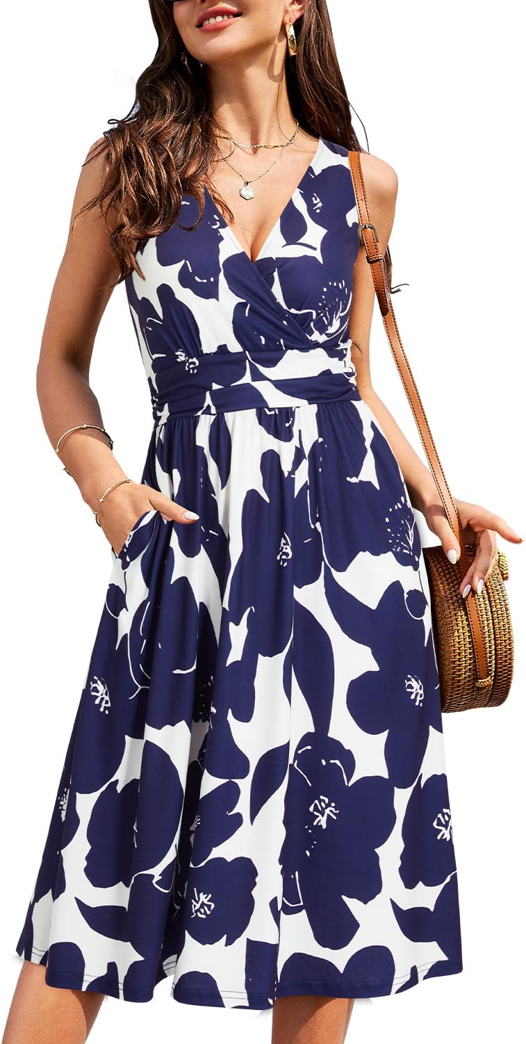 OUGES Women's Summer Spaghetti Strap V-Neck Floral Short Party Dress with Pockets