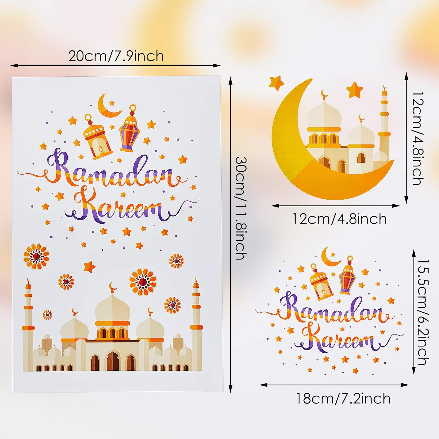 Zonon 80 Pieces Ramadan Window Clings Eid Mubarak Window Stickers Static Ramadan Kareem Window Decals Removable Window Cling Decorations for Ramadan Mubarak Party Classroom Supply, 9 Sheets