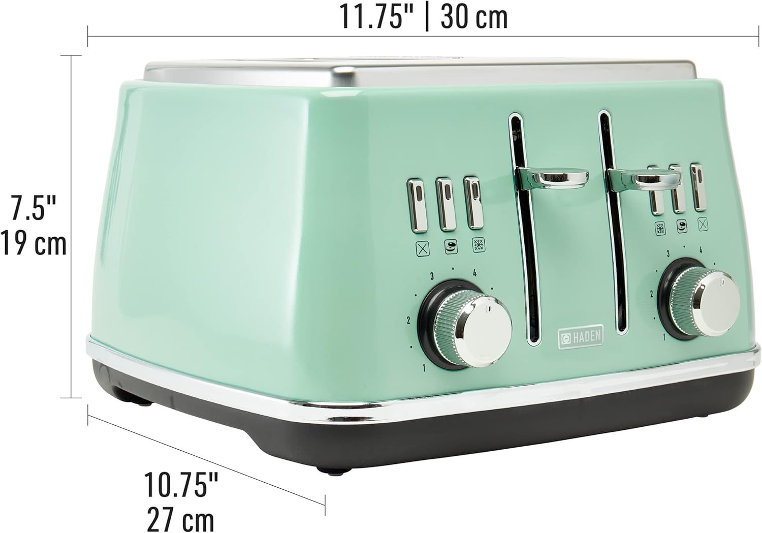 Dimensions of the Haden Cotswold 4-Slice Toaster showing width 11.75 inches, depth 10.75 inches, and height 7.5 inches.