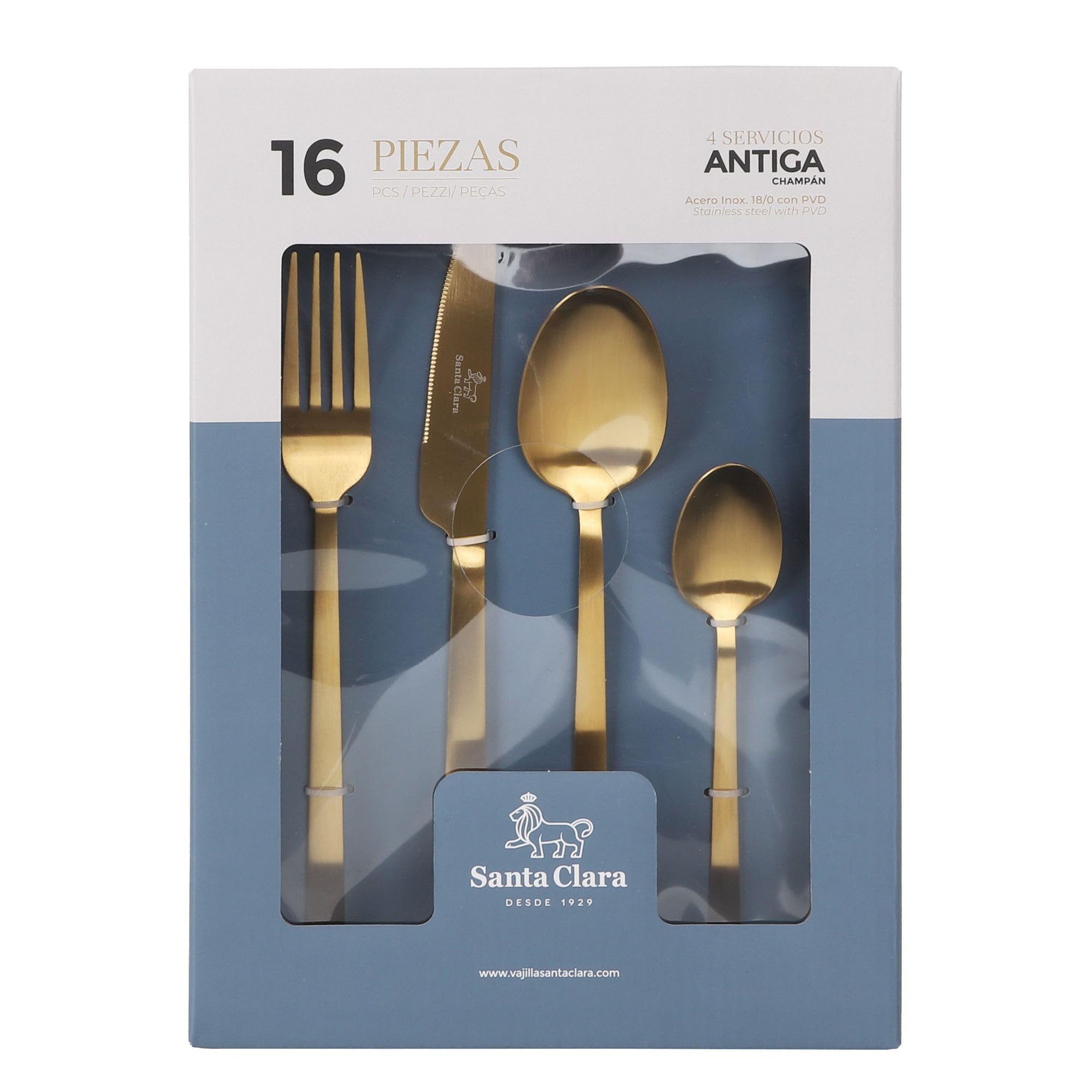SANTA CLARA | Cubertería completa 16 piezas de acero inoxidable acabado champán PVD, juego de cubiertos con cuchillo, tenedor, cuchara y cucharilla de postre, servicio para 4 personas, modelo Antiga