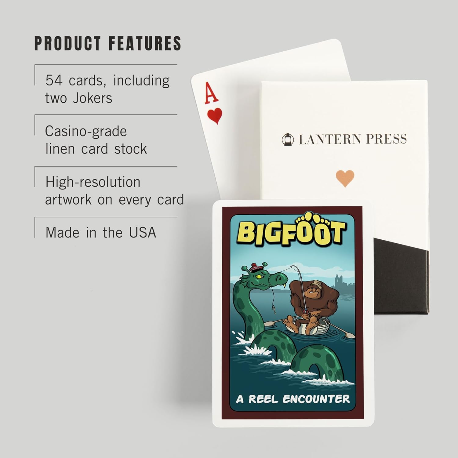 Lantern Press Bigfoot Catches Loch Ness Monster, 52 Playing Cards for Adults, Poker Size Card Deck